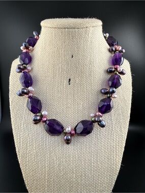 Genuine Amethyst stone and Fresh Water Pearl Cluster Necklace - Women Jewelry